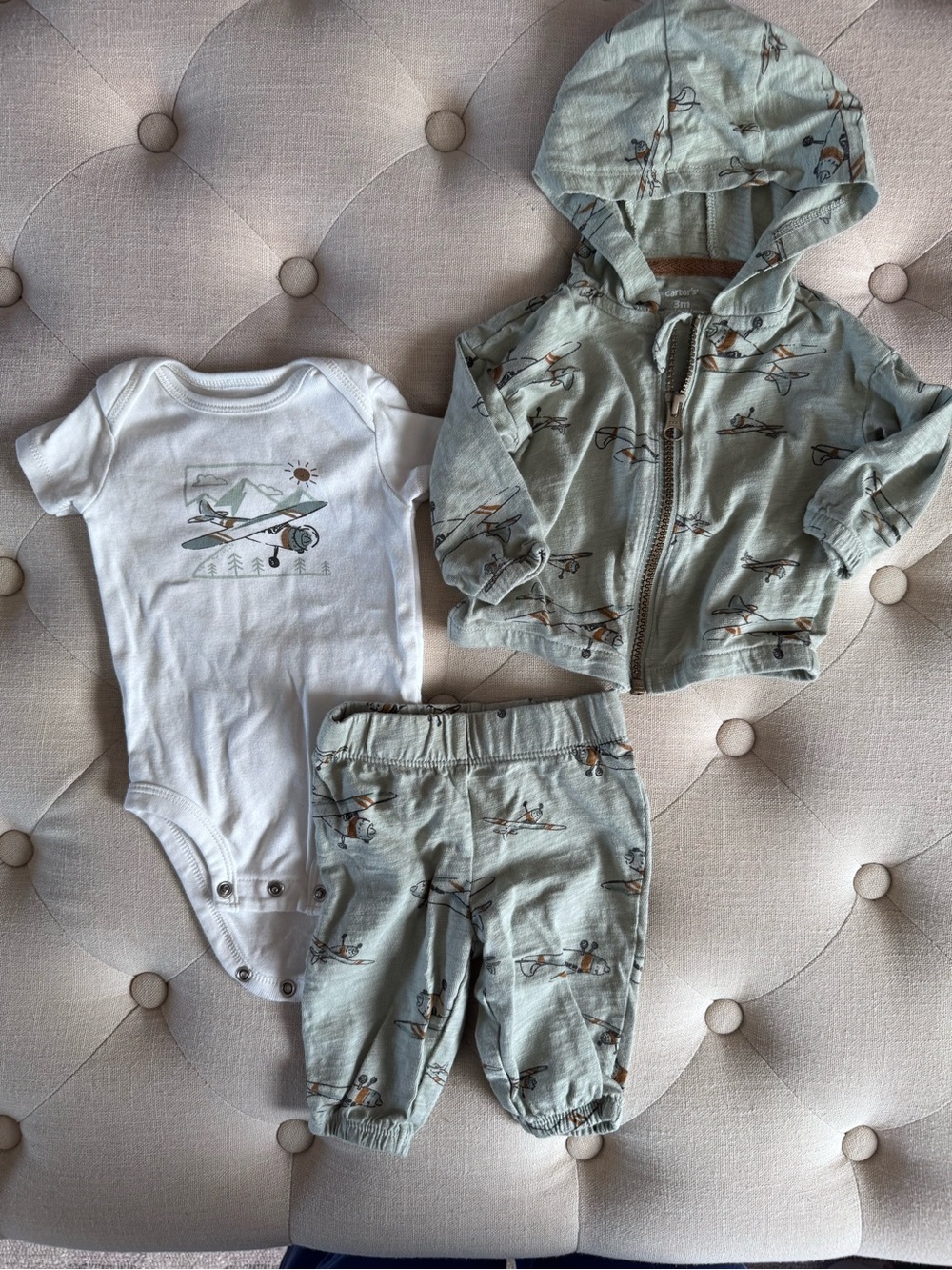 Carter's Sage Green Airplane 3-Piece Hoodie, Pants & Bodysuit Set